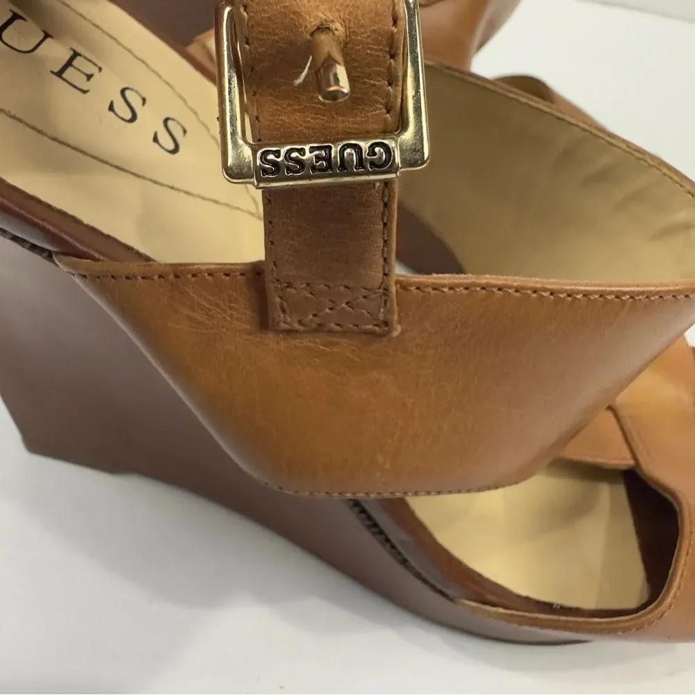 Guess WGFRANCIE Brown Leather Wedge Open Toe Strappy Sandals Women's Sz 10M